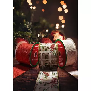 Kit 3 Rolos Fita Decorativa 2,5cmx 3m Enfeite Natalino Decoração Natal Festas Fita Aramada Com Gliter