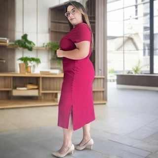 Vestido Midi Plus Size Com Manga Canelado Tubinho Fenda Lateral