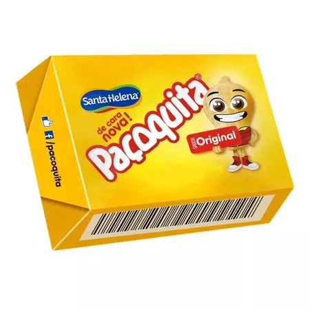 Close-up da embalagem individual da Paçoquita quadrada com código de barras e mascote