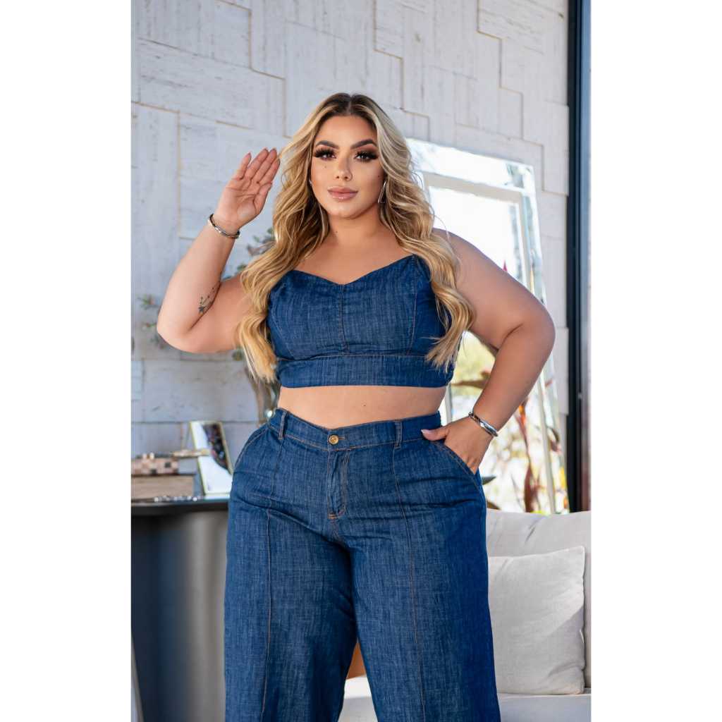 Conjunto Calça Pantalona e Cropped Jeans, Plus Size Shopee Brasil