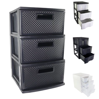 Gaveteiro de Chão com 3 e 4 Gavetas - Preto Branco Rattan Transparente