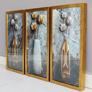 Kit 3 Quadros Decorativo Floral Cozinha Bistrô Banheiro Lavabo Área Gourmet com Vidro 20x40cm