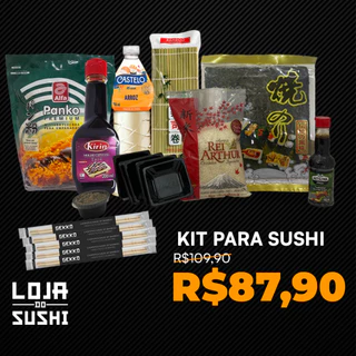 Kit Sushi Hot Roll com 10 itens - Arroz Grão Curto, Panko 1kg, Esteira, Alga, Molho tarê, Tempero, Vinagre