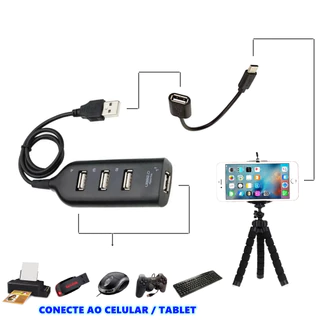 Hub 4 Portas Usb Para Celular + Cabo Otg Tipo C Suporte Tripé Adaptador Teclado Mouse Kit Mobilador em Oferta na Shopee
