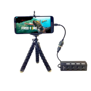 Kit Mobilador Hub 4 Portas Usb Para Celular Cabo Otg Tipo C + Suporte Tripé Adaptador Teclado Mouse em Oferta na Shopee