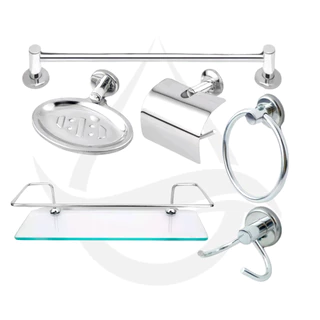 Kit Acessórios Para Banheiro Aço Inox 5 Peças + 1 Porta Shampoo Vidro Reto
