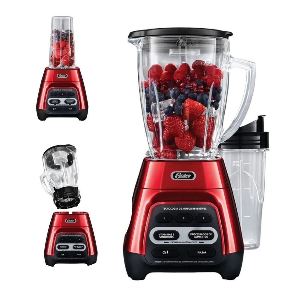 Liquidificador Oster 1210R e Blender Jarra Vidro 1,5L e Copo Blend de 750ml Portátil Reverse 600W
