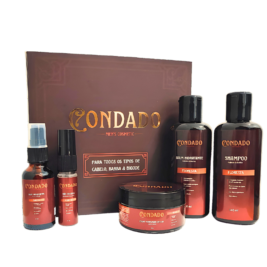 Kit Barba Cabelo Bigode Oceano Floresta Condado Amadeirado Refrescante Shampoo Balm Creme Colônia