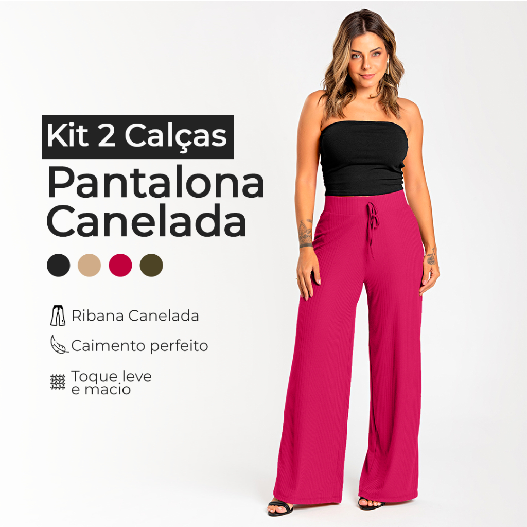 Kit 2 Calças Pantalona Canelada Feminina Wide Leg Caimento Perfeito ...
