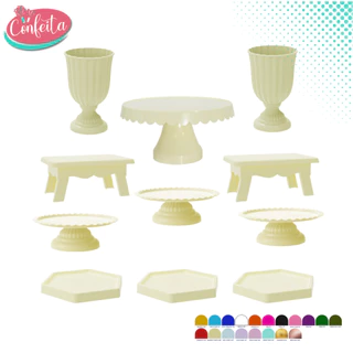 Kit Decoração Mesa de Festa com Vaso Dubai,Boleira Popi,Boleira Slim,Mesa de Doce e Band Sextavada