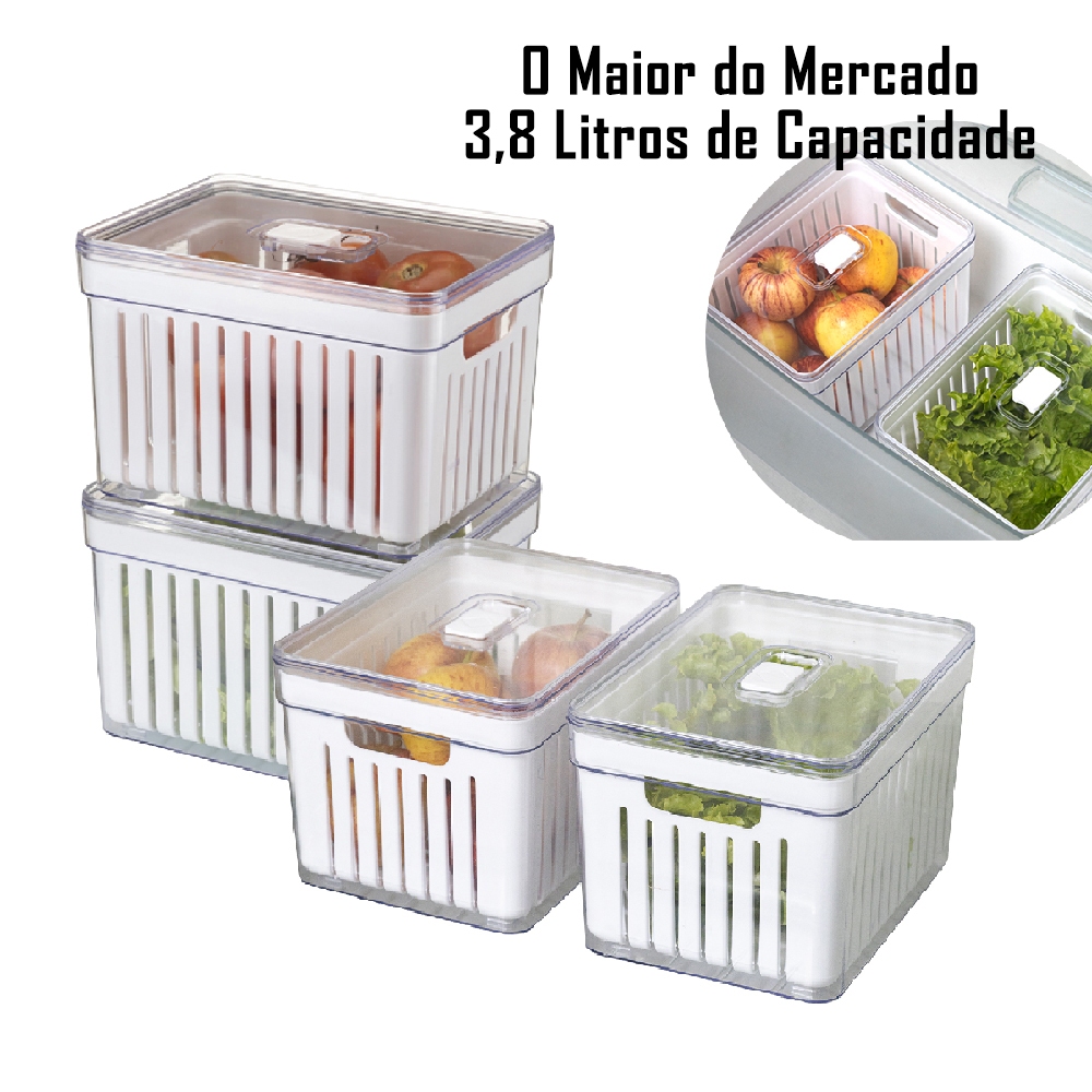 Kit 4 Organizador de Geladeira 3,8 Litros Cesto ou 2,8 Com Tampa Multiuso Alimentos Verduras e Vegetais