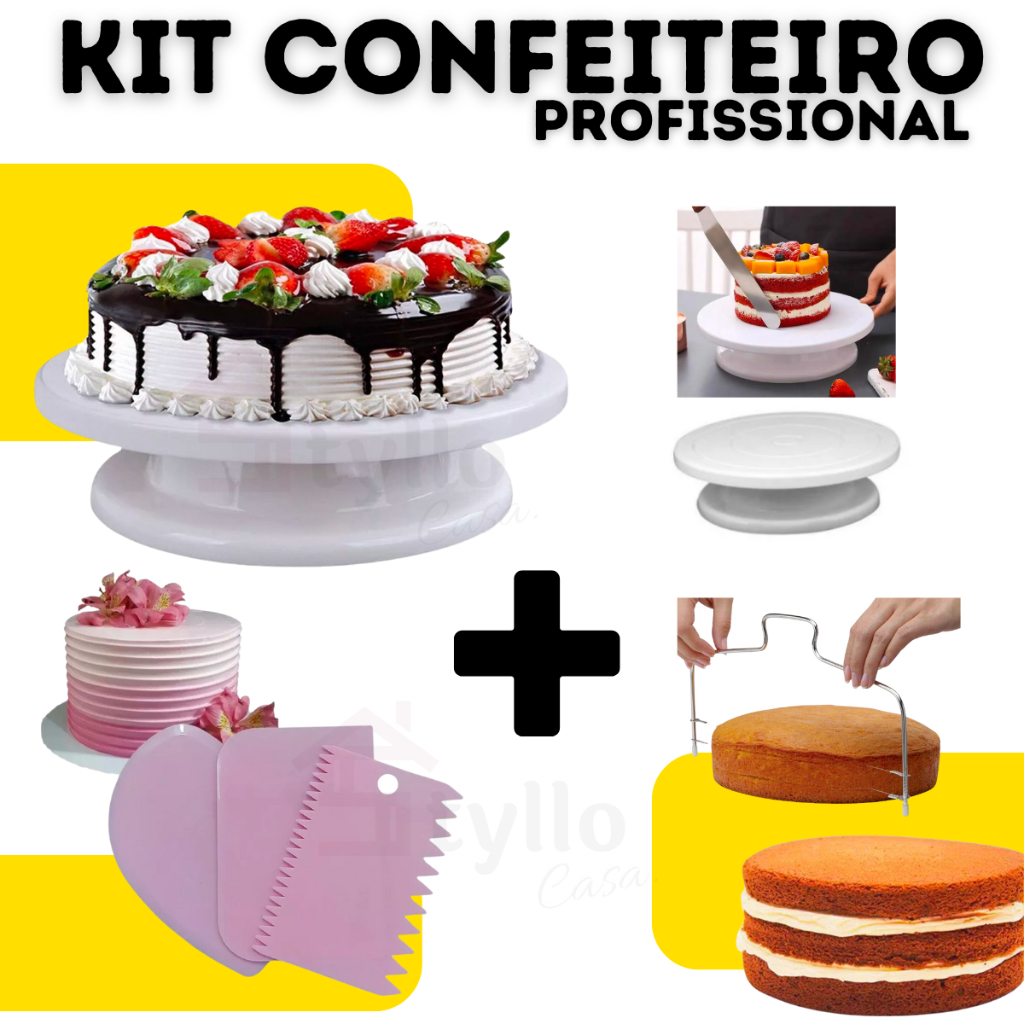 Kit Confeitaria Profissional Base Para Bolo Bailarina Giratória Raspadores Nivelador de Bolo