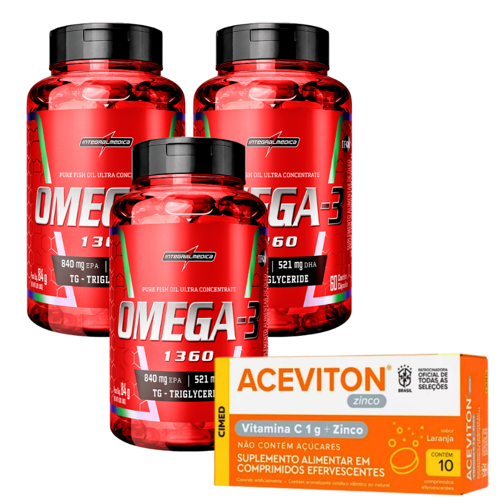 3x Ômega 3 60 Cáps Integralmédica + Aceviton Zinco Vitamina C