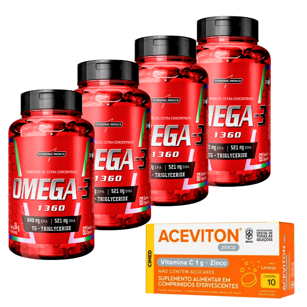 4x Ômega 3 60 Cáps Integralmédica + Aceviton Zinco Vitamina C