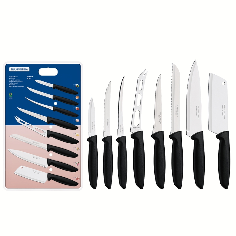 Jogo de Facas Tramontina Plenus com Lâminas em Aço Inox e Cabos de Polipropileno Preto 8 Peças