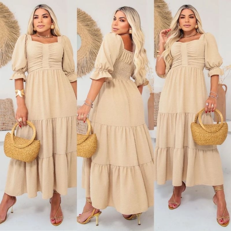 vestido midi manga princesa bufante duna pipoca | Shopee Brasil