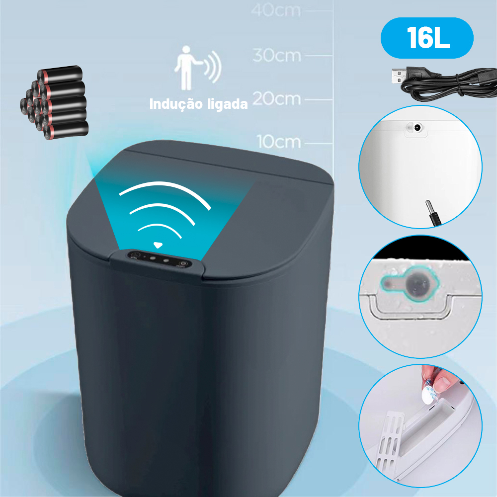 Lixeira inteligente com sensor automático de3 modos 16L, selada e inodora, quarto, banheiro, cozinha