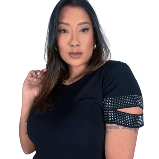 Blusa Feminina Hellen Fashion Manga Curta Detalhada Brilhos Moda Casual Elegante