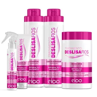 Eico Deslisa Fios Shampoo Sem Sal e Condicionador 800ml + Máscara Hidratação + Creme Leave-in + Spray Protetor Térmico
