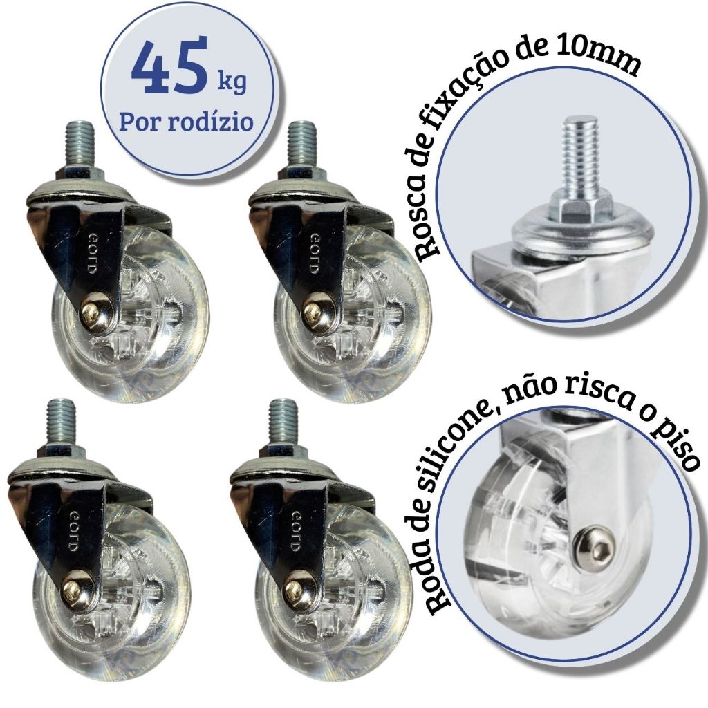 Kit com 4 Rodinhas de Silicone Sem Freio 50mm Rosca de 10mm 180kg por Conjunto