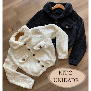 Kit 2 Casaco Teddy Cropped Casaquinho Blusa de Frio Curta Feminina Quentinha Ted Blogueira Curto