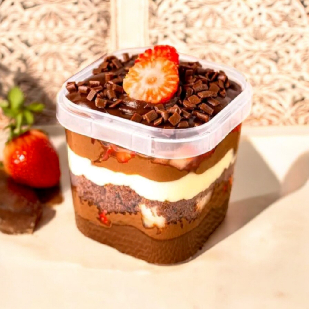 POTE QUADRADO PLÁSTICO COM LACRE BOLO NO POTE 220ml - 50 unidades