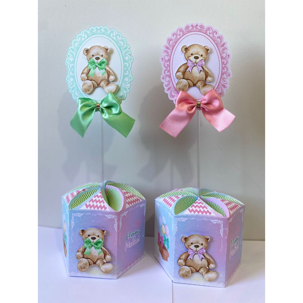 Centro de Mesa - Chá revelação ursinho verde e rosa