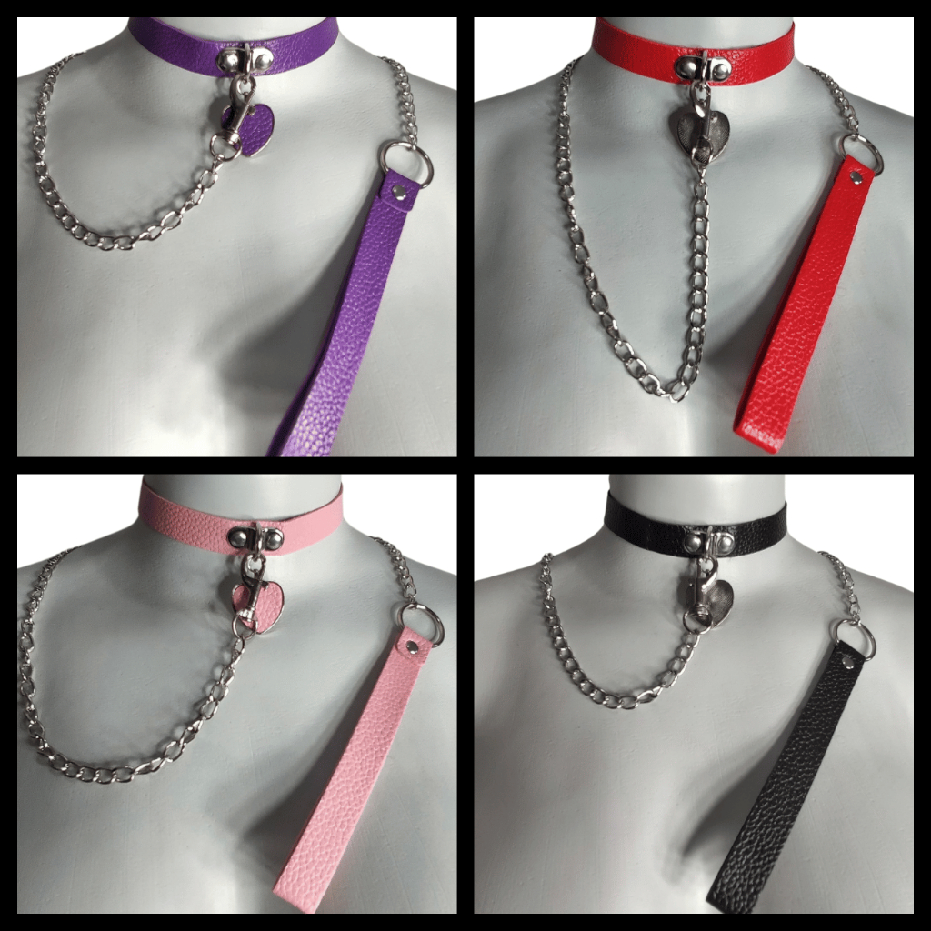 Coleira Couro Fetiche BDSM Sado Coração com Guia em Corrente