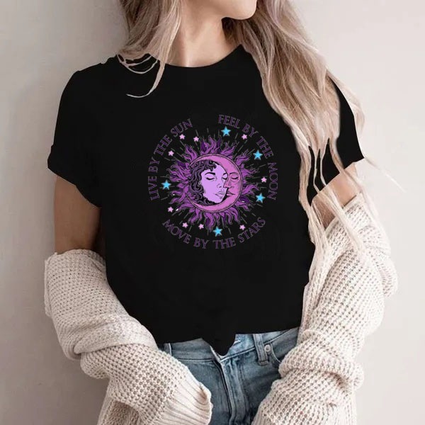 Camiseta Feminina Sol e Lua Roxa Fio 30.1 100% Algodão Envio Já.
