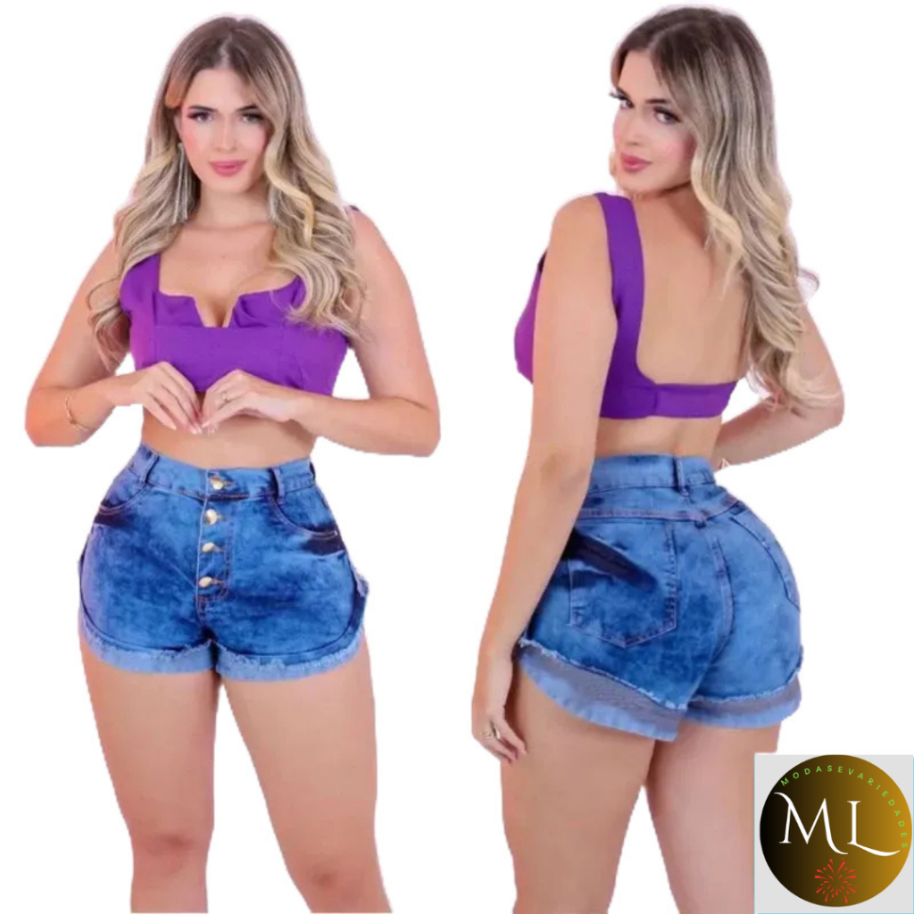 short feminino jeans cintura alta 4 botões, Artistic Fashion