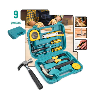 Kit Maleta Estojo Ferramentas 9 Peças Martelo Alicate Chave de Fenda Trena Portátil