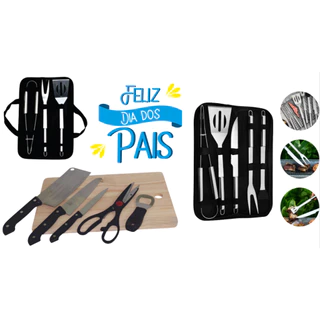 Kit Dia dos Pais Churrasco Aço Inox Maleta 3 Peças Kit Churrasco Tabua Madeira 6 Peças e Kit Churrasco Aço Inox Maleta 5 Peças