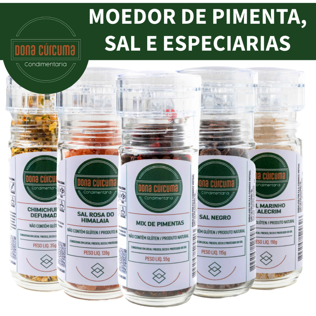 Moedor de Pimenta do Reino Sal Grosso e Especiarias Pote de Vidro 100ml ...
