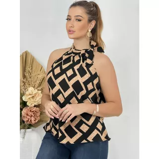 Blusa SOCIAL Regata Feminina Estampada 2226 GEOMÉTRICA Romântica com Laço no Pescoço para Amarração - Tamanhos do P ao GG - Tecido Viscose - Trabalho, Escritório, Dia-a-Dia, Ocasional, Blogueira, Tendência, Fashion, Casual