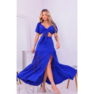 Conjunto Saia Longa e Cropped Amarração Manguinha Bufante Feminino Muito Elegante (verão tendência)