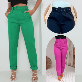 Calça Feminina Social Alfaiataria com Cinto Cintura Alta Skinny Com Bolso Moda Elegante Luxo Premium