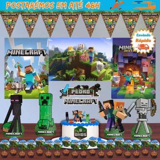 Kit Festa Pronta MineCraft personalizado com nome, Aniversário Menino Menina Mini Craft