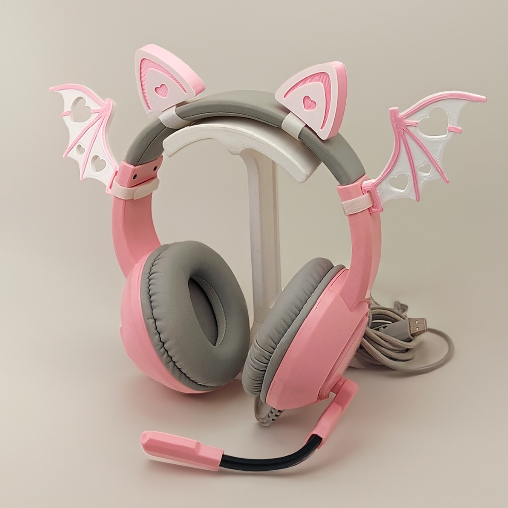 Orelha de Gato para Fone de Ouvido + Asinhas | Kit Gamer Rosa | Acessório para headset | Neko cosplay