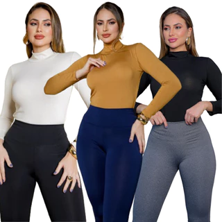 Kit 3 Blusas Femininas Cacharrel Gola Alta Segunda Pele Manga Comprida