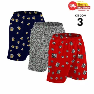 KIT 3 Shorts Samba Cançao Pijama Estampado Masculino Short Dormir