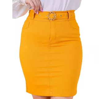 Saia Jeans Colorida com elastano cintura alta. Cor amarelo mostarda