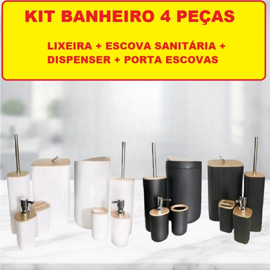 Kit Banheiro Clink 4 Peças Quadrado Ondulado E Redondo Liso Preto Ou Branco Tampa De Bambu Para Decoração Praticidade Modernidade