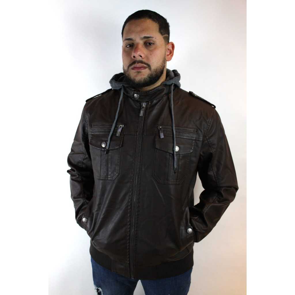 Jaqueta Couro P.U Masculina Forro Com Capuz Removível