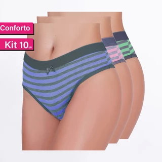 Kit 10 Tanga Conforto Algodão Cotton Listrada Feminina