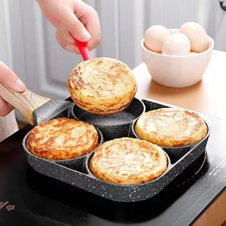 frigideira antiaderente com cabo de madeira com 4 furos ferramenta de cozinha antiderrapante para fazer panqueca de hambúrguer de ovo frito