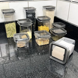 Conjunto de 10 Potes Herméticos em Acrílico Cristal com Trava e Design Empilhável - Organizador para Mantimentos