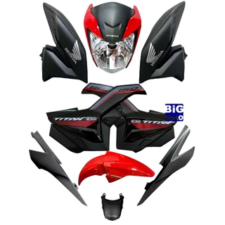 Kit Titan CG160 2022/2023/2024 - Frente do farol completa Vermelho Perol + Par Aba do tanque Preto Fosco com Complemento + Par Tampa lateral + Paralama dianteiro Vermelho Perol+ Rabeta traseira