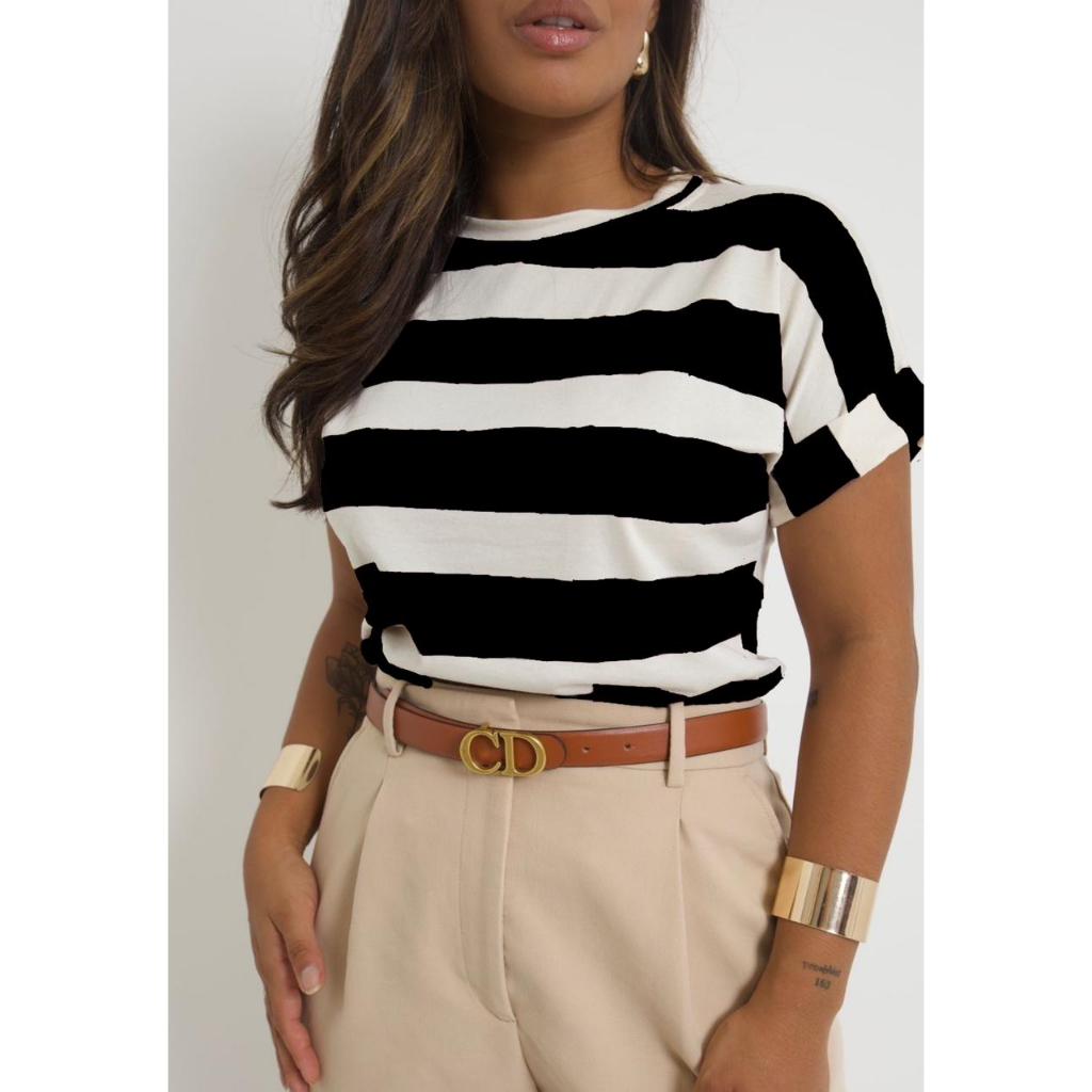Blusa Listrada Manga Dobrada Viscolycra Tendência