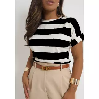 Blusa Listrada Manga Dobrada Viscolycra Tendência