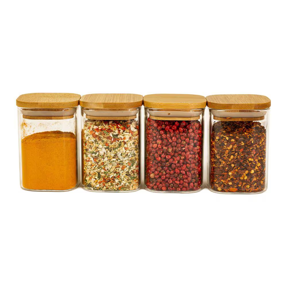 Pote Condimentos Hermético De Vidro Tampa Bambu 400ml 4pçs